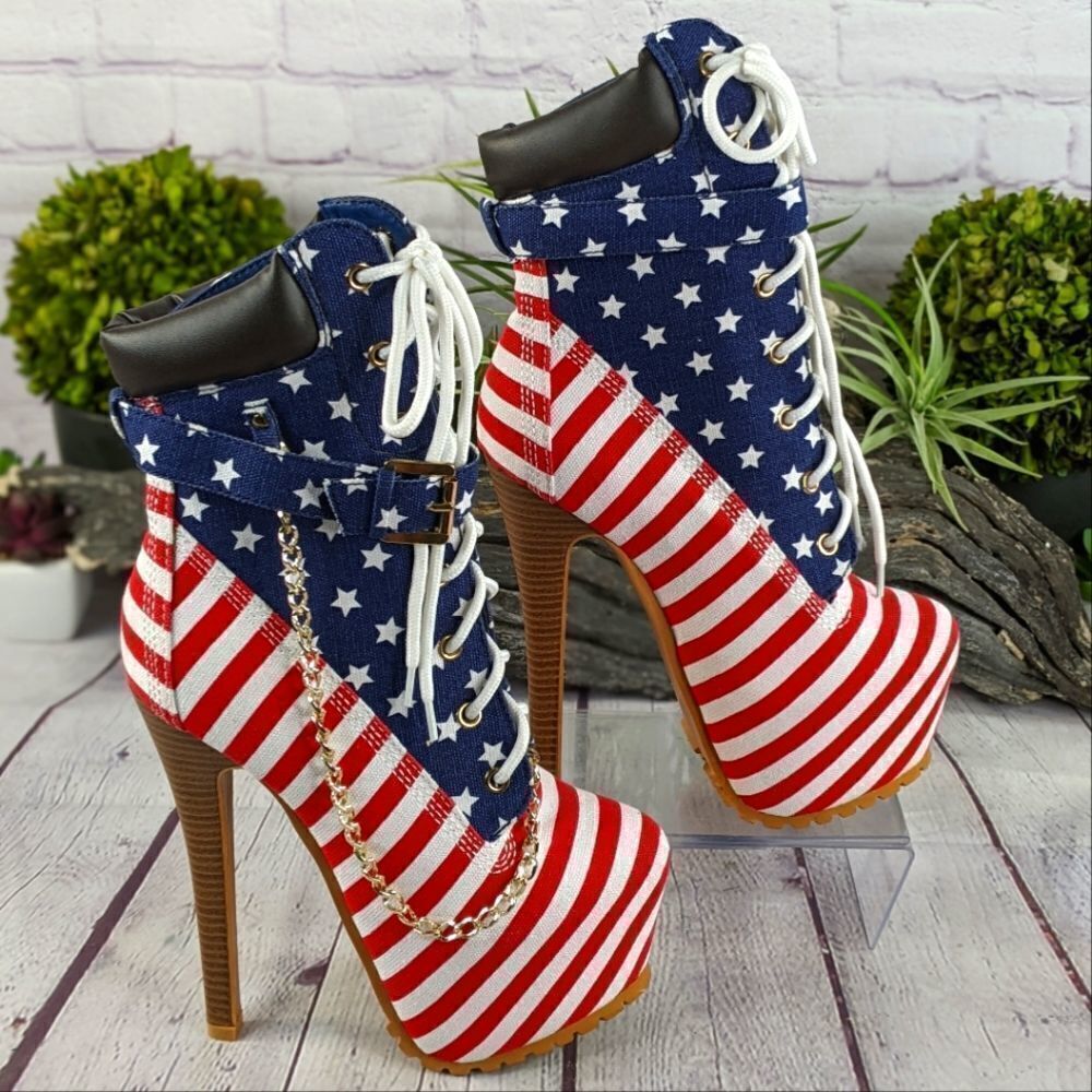 NWOT - AMI Clubwear Patriotic Stars & Stripes Stiletto Platform Booties